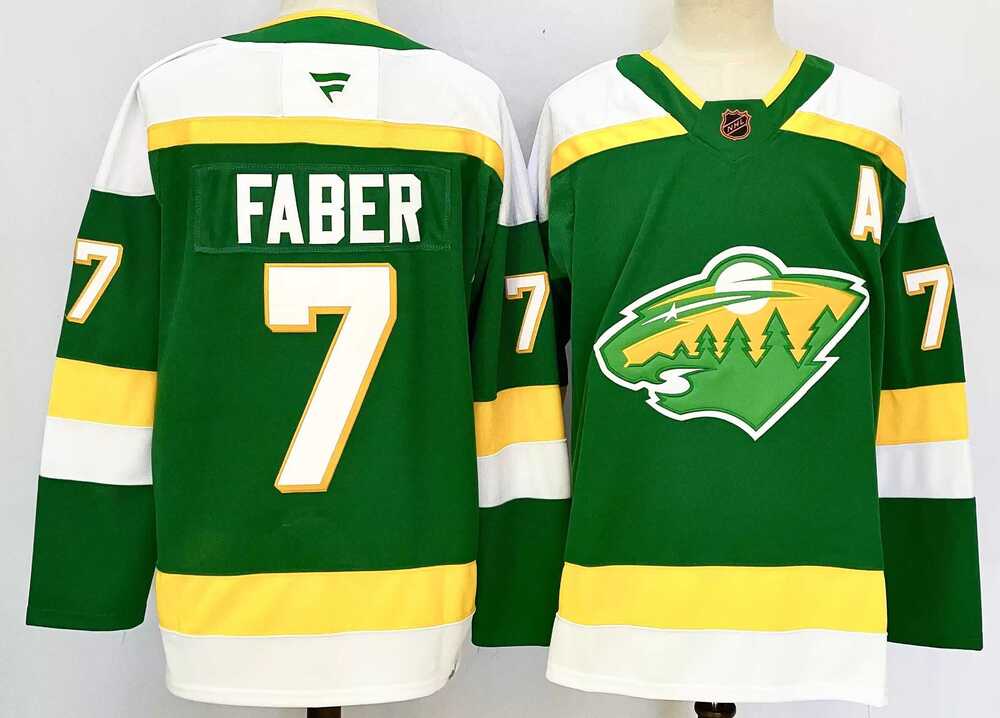Men%27s Minnesota Wild #7 Brock Faber Green 2024-25 Alternate With A Patch Stitched Hockey Jersey